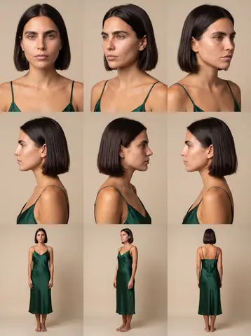 Character sheet of the virtual ambassador in a green slip dress: face angles and full-body views.