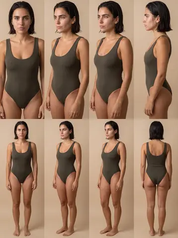 Character sheet of the virtual ambassador in a swimsuit: front, side and back views.