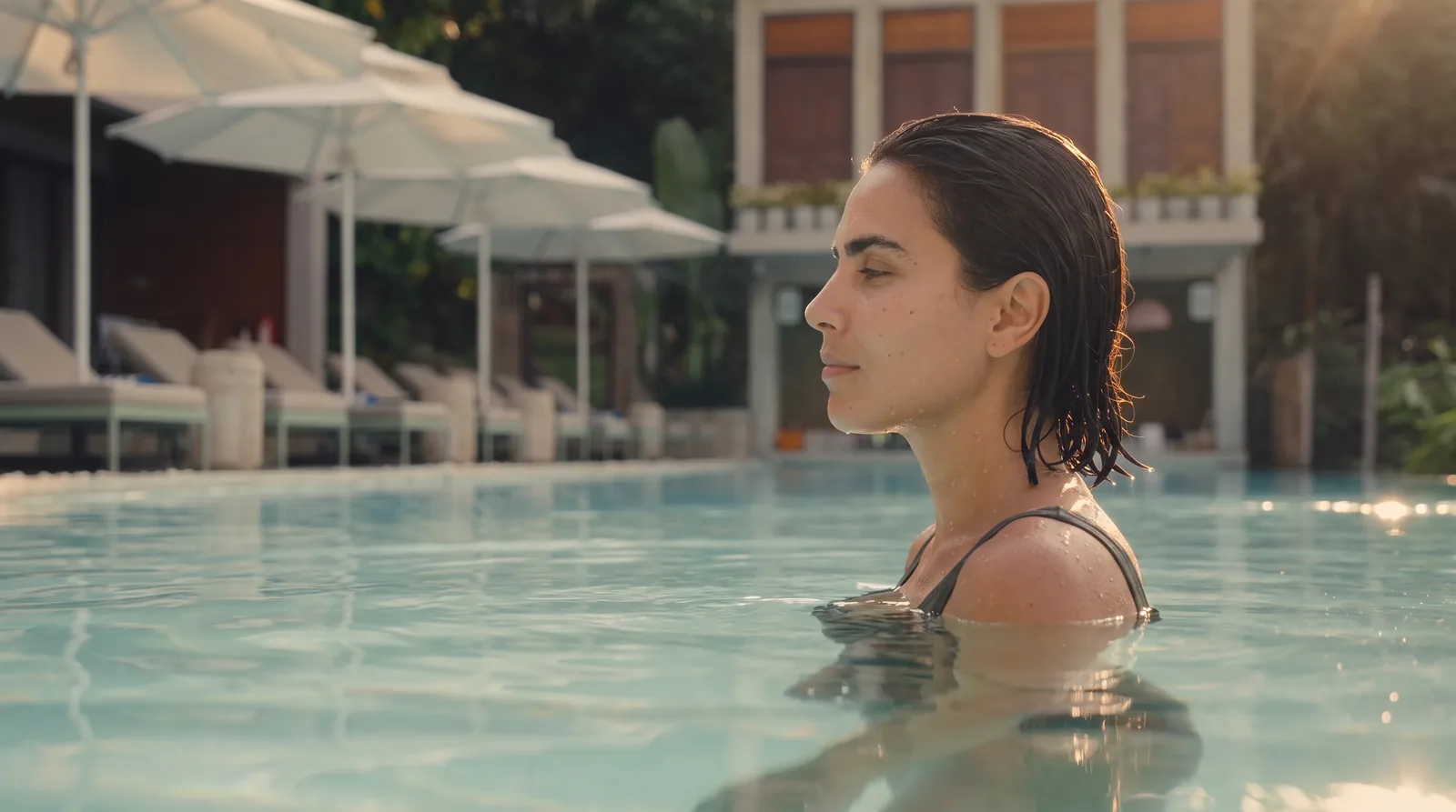 The recomposed pool with the AI-created ambassador in the water.