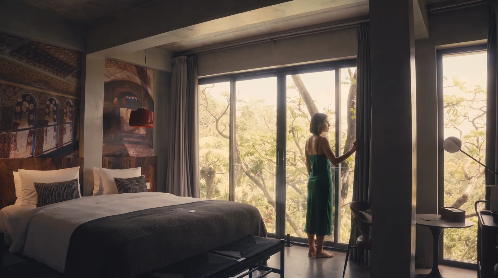 The same room with the ambassador in a green slip dress at the window.