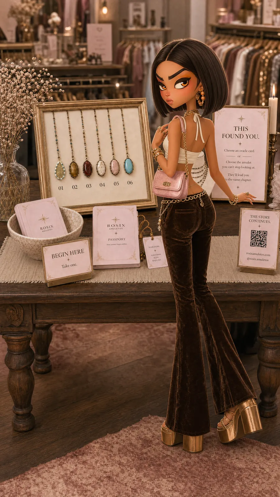 Rosix Brand World: the animated character at the Rosix stand, with numbered necklaces, the passport and the “This found you” and “Begin here” signs.
